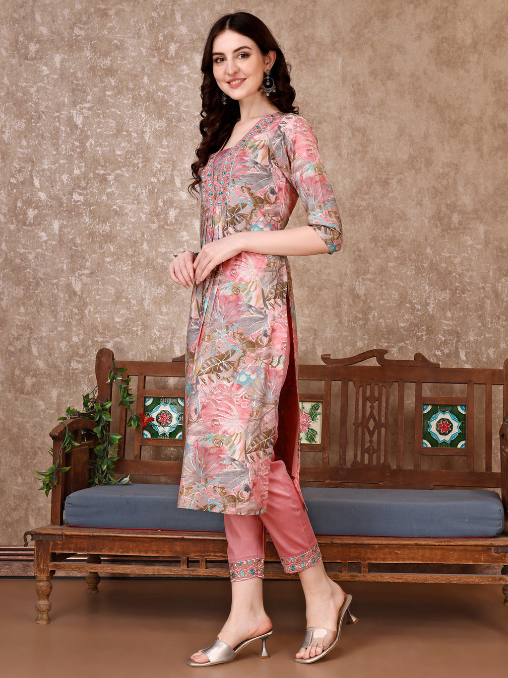 Embroidered Floral Print Rayon Kurta Set with Pant and Dupatta
