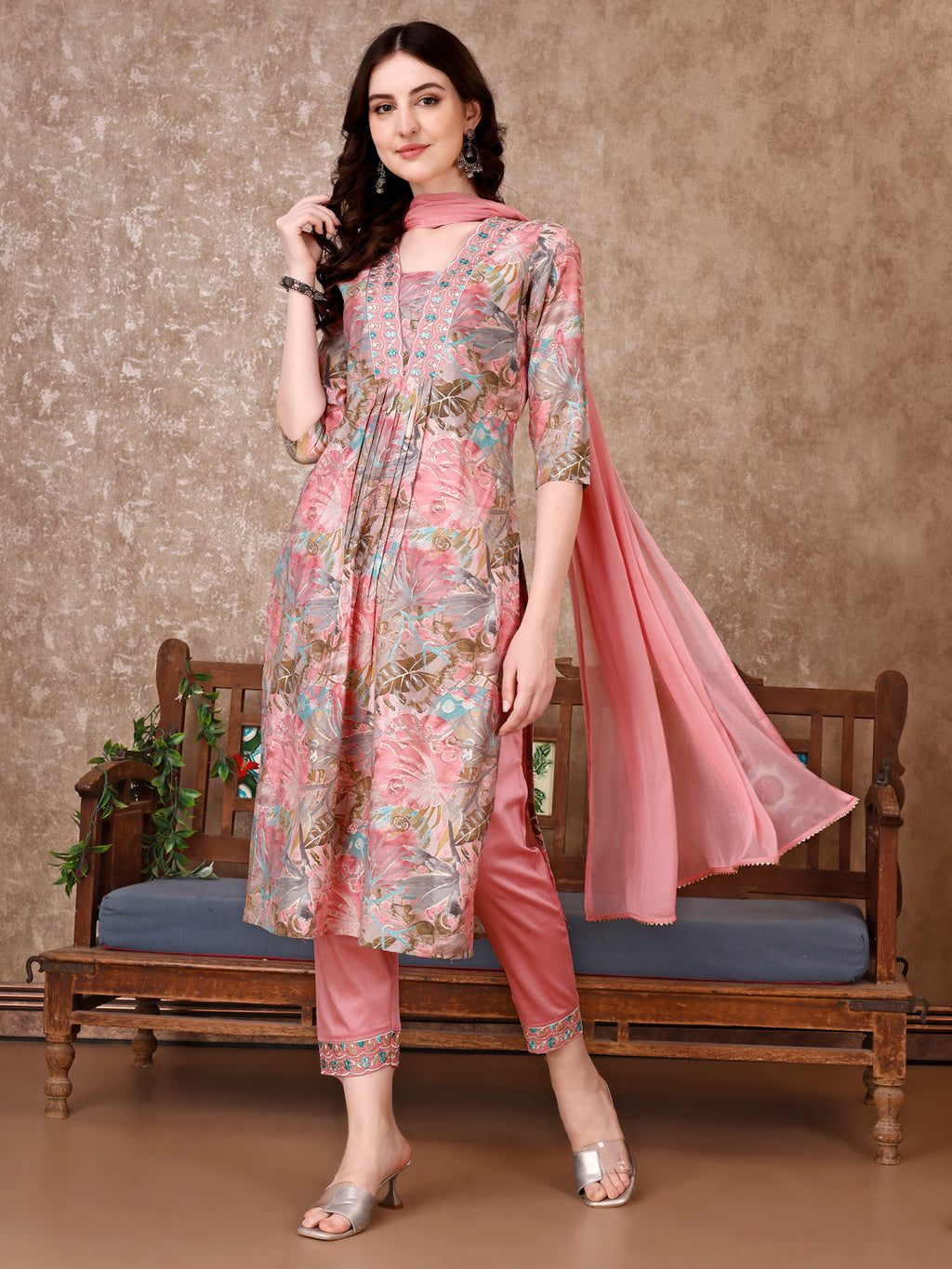 Multicolor floral printed rayon kurta with matching pant and dupatta featuring embroidery