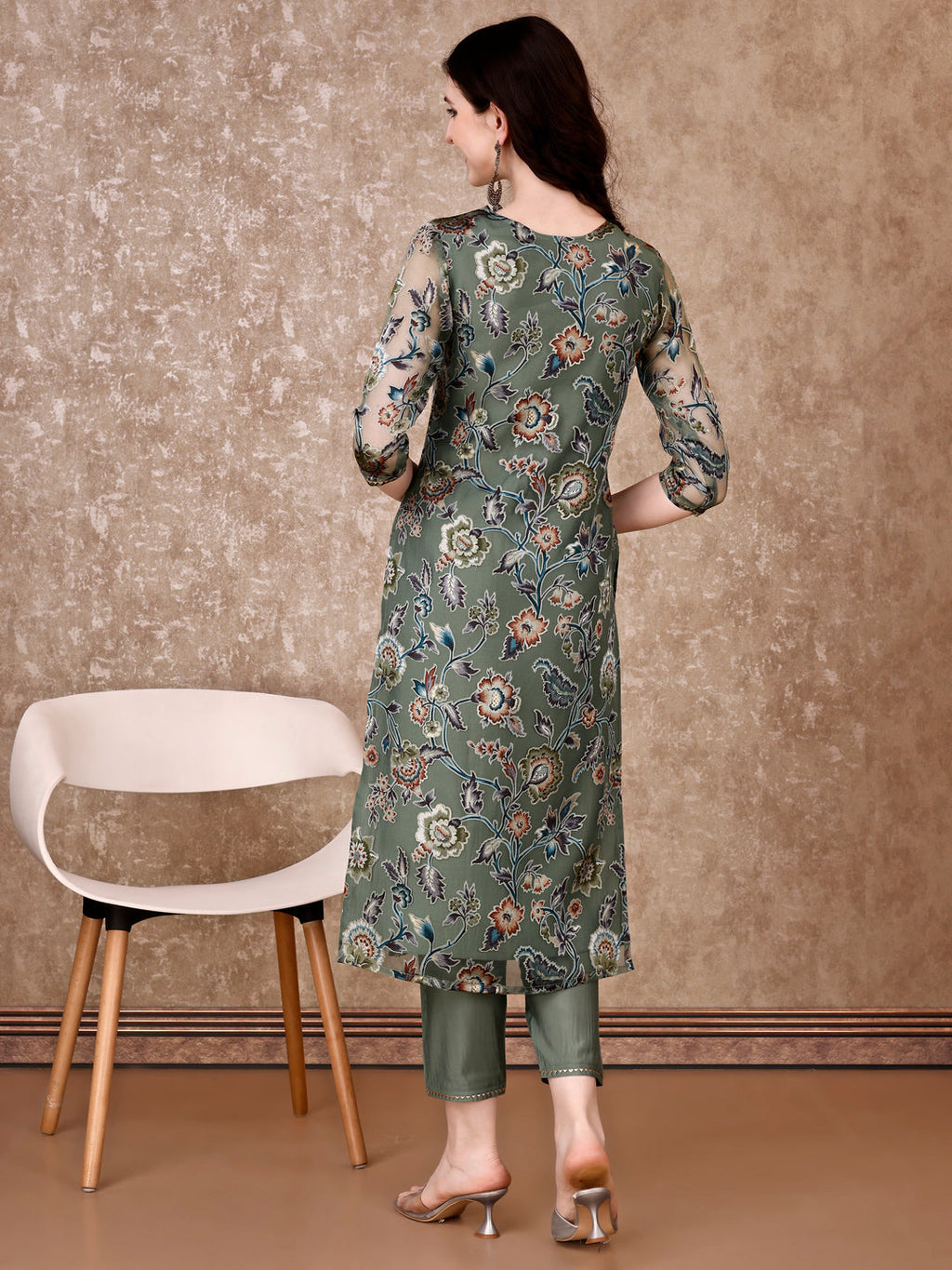 Green Hand Embroidered Brasso Kurta with Pant and Organza Dupatta