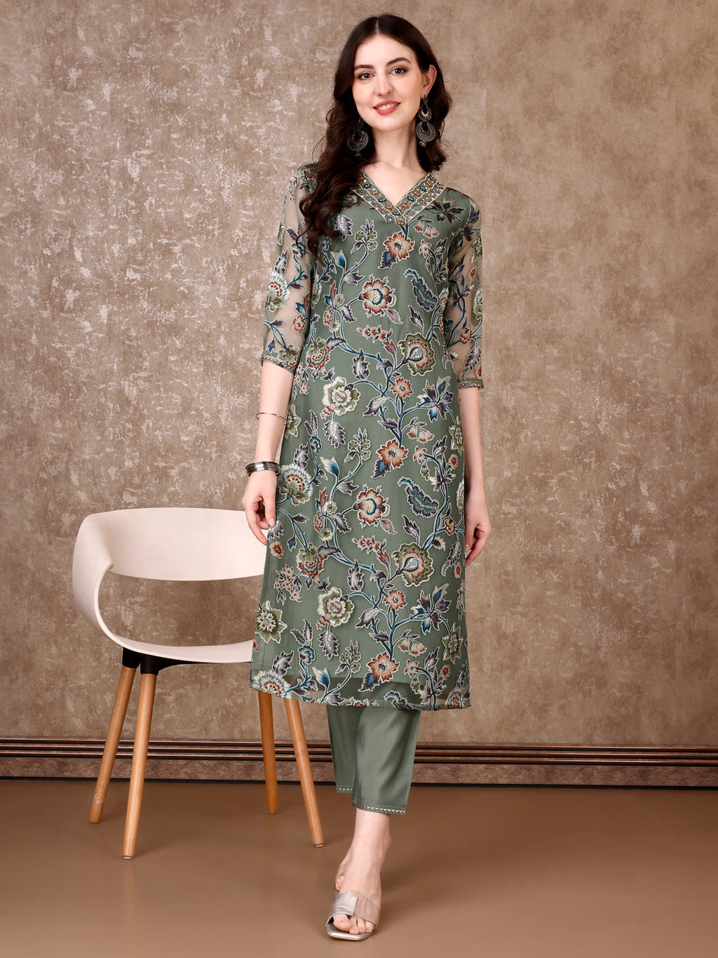 Green Hand Embroidered Brasso Kurta with Pant and Organza Dupatta