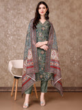Woman wearing a green hand-embroidered Brasso kurta with matching pants and a printed organza dupatta.