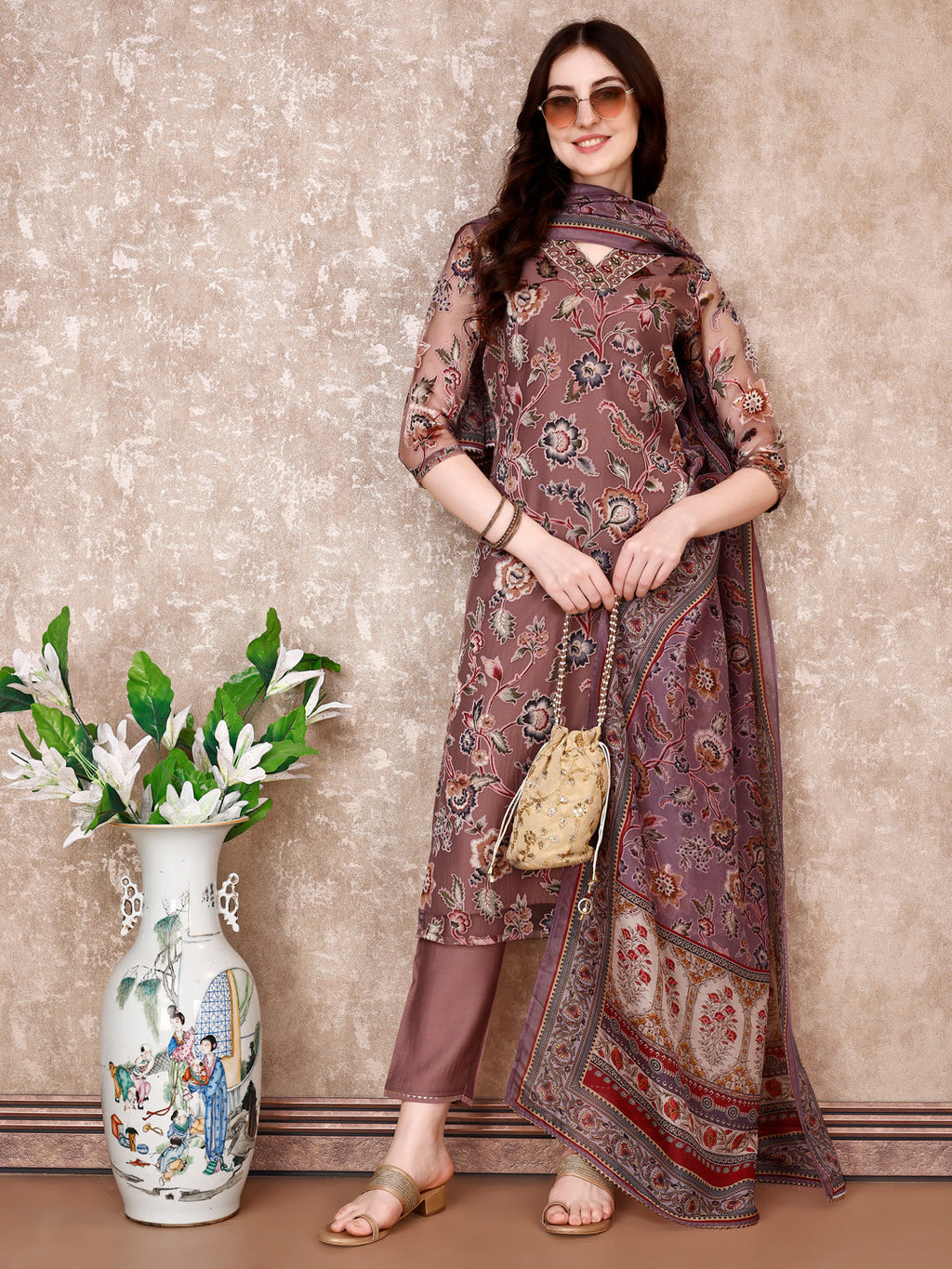 Purple hand embroidered brasso kurta with organza printed dupatta and pant