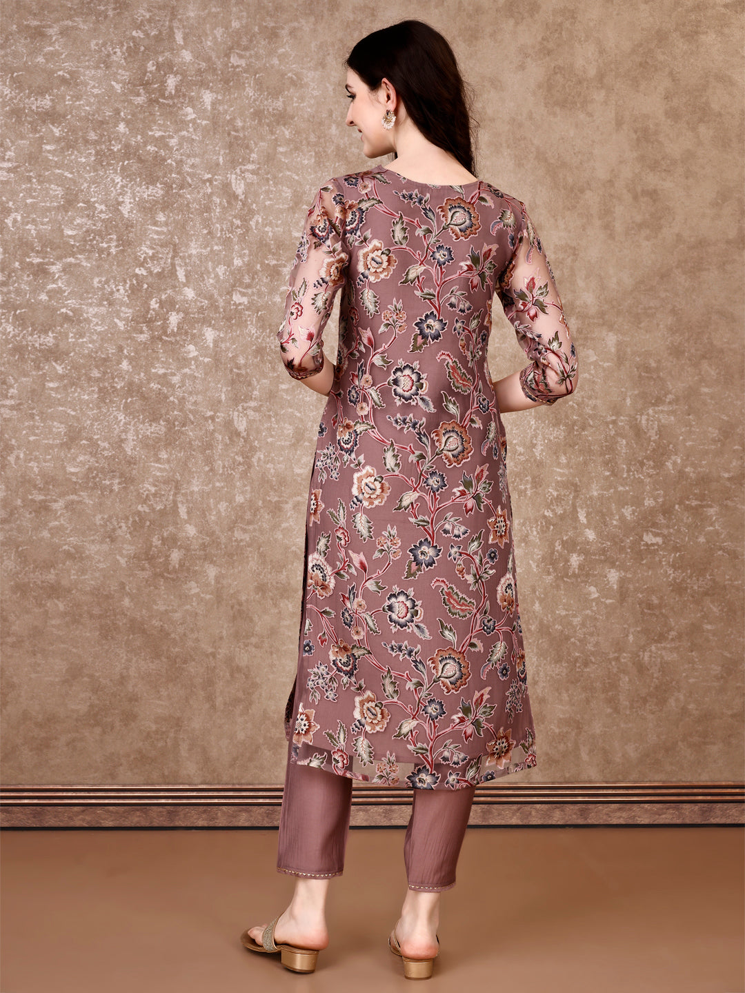 Purple Hand Embroidered Brasso Kurta Set with Organza Dupatta