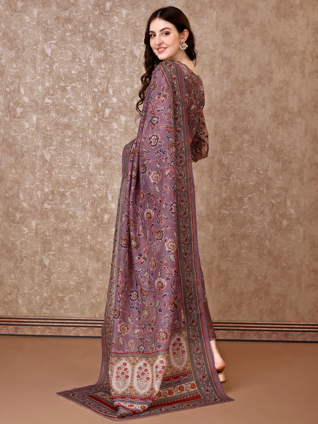 Purple Hand Embroidered Brasso Kurta Set with Organza Dupatta