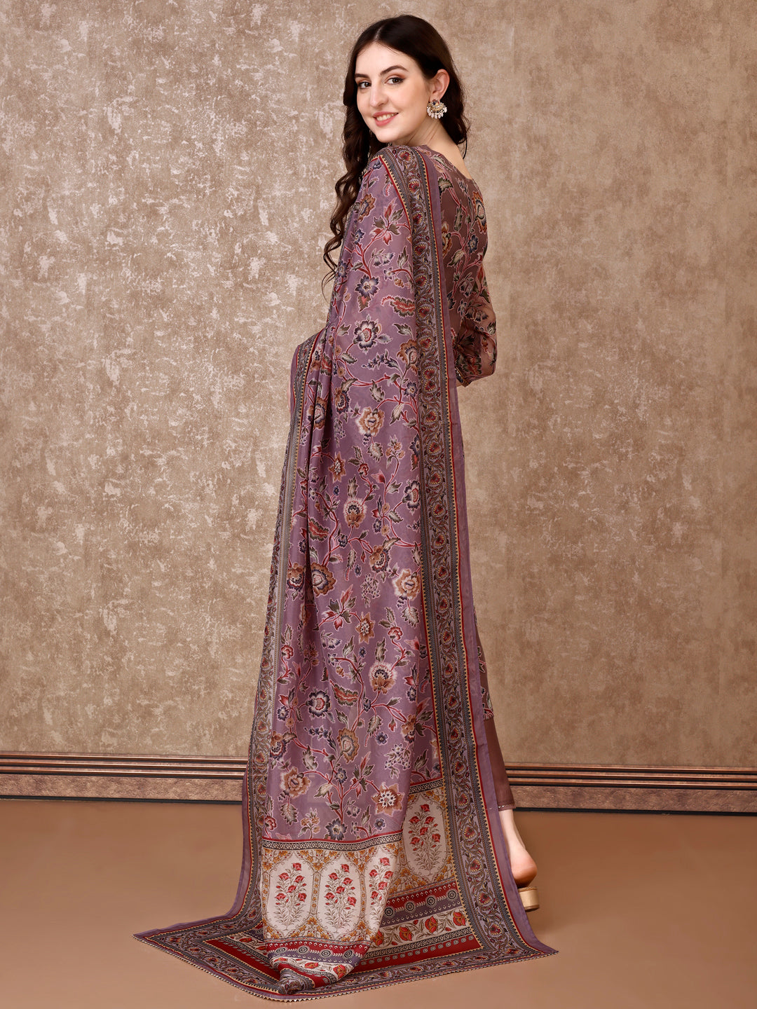Purple Hand Embroidered Brasso Kurta Set with Organza Dupatta