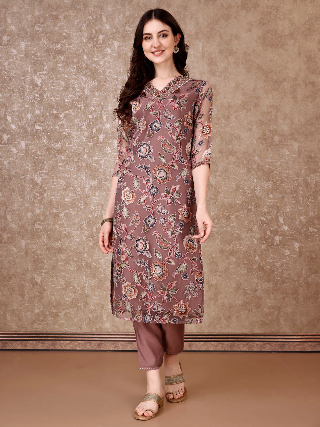 Purple Hand Embroidered Brasso Kurta Set with Organza Dupatta