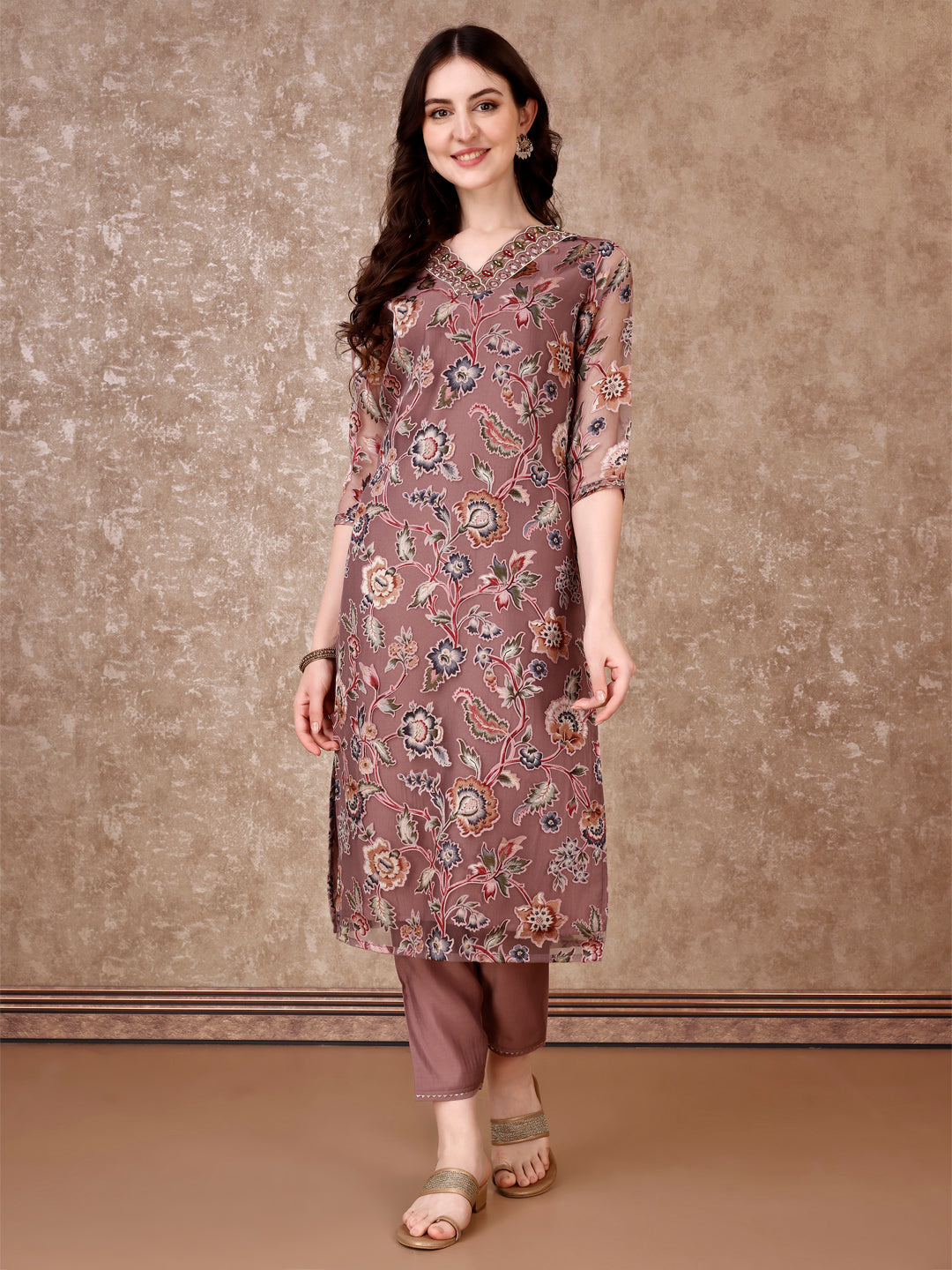 Purple Hand Embroidered Brasso Kurta Set with Organza Dupatta