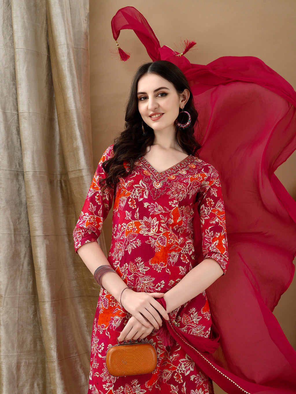 Rani Floral Embroidered Cotton Kurta Set with Matching Dupatta