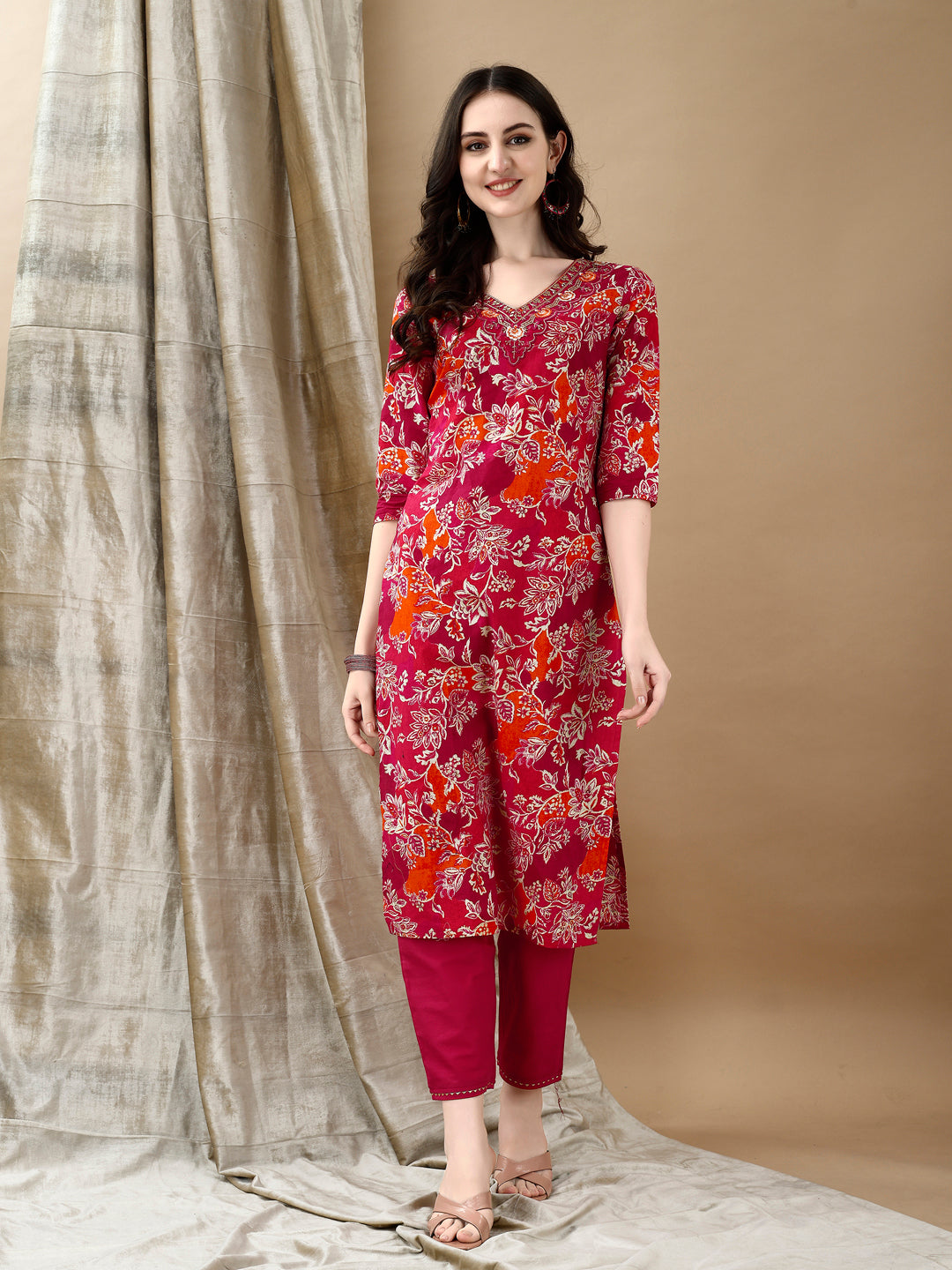 Rani Floral Embroidered Cotton Kurta Set with Matching Dupatta