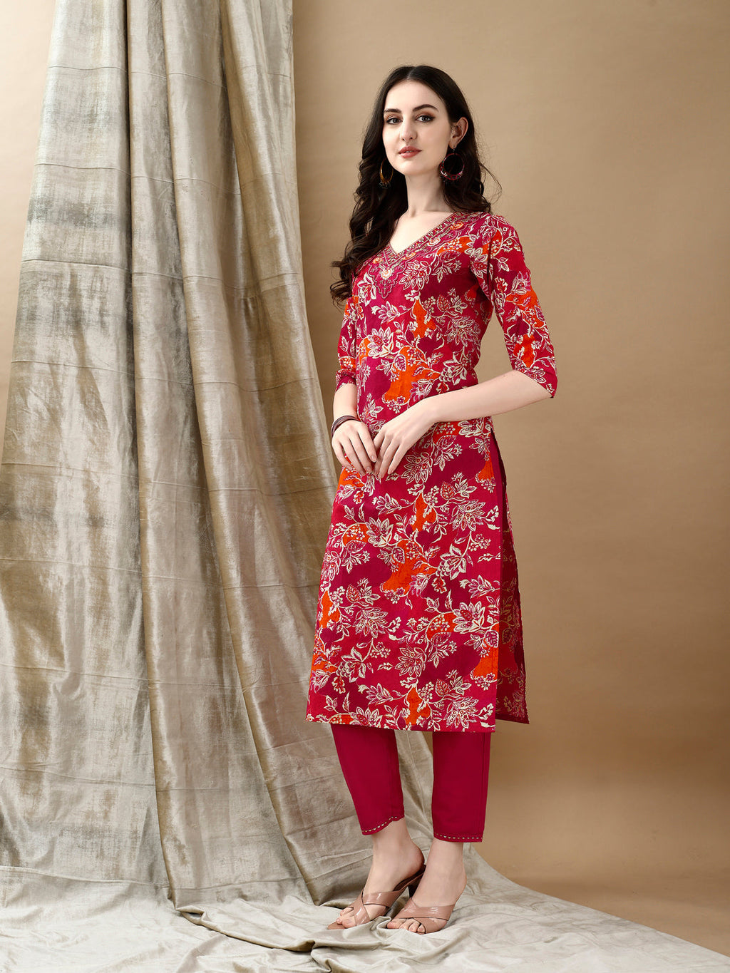 Rani Floral Embroidered Cotton Kurta Set with Matching Dupatta