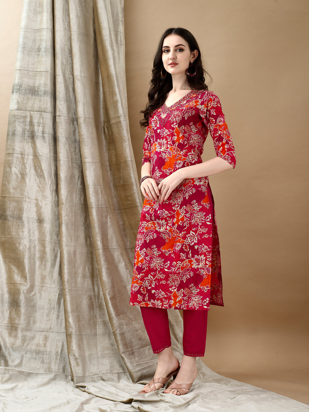 Rani Floral Embroidered Cotton Kurta Set with Matching Dupatta