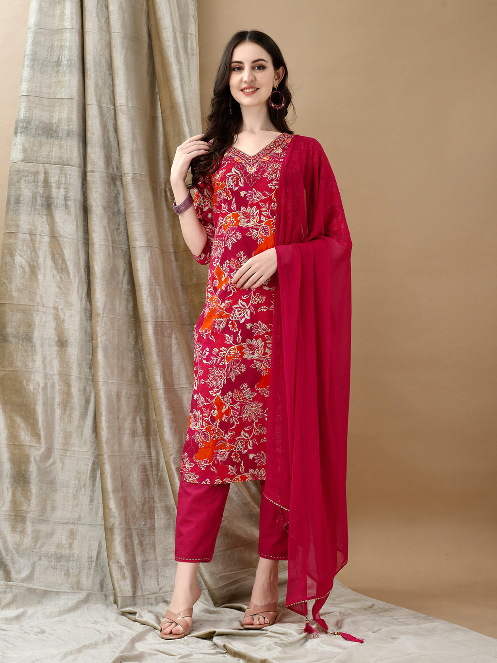 Rani pink floral embroidered cotton kurta set with matching dupatta