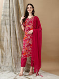 Rani pink floral embroidered cotton kurta set with matching dupatta