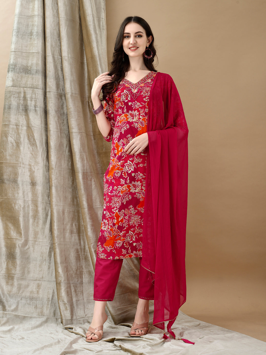 Rani pink floral embroidered cotton kurta set with matching dupatta
