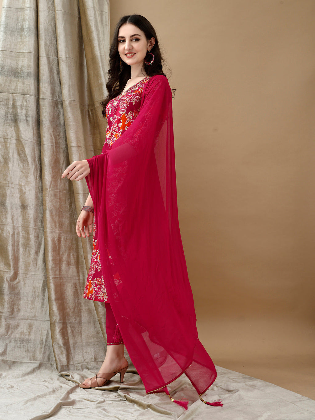 Rani Floral Embroidered Cotton Kurta Set with Matching Dupatta