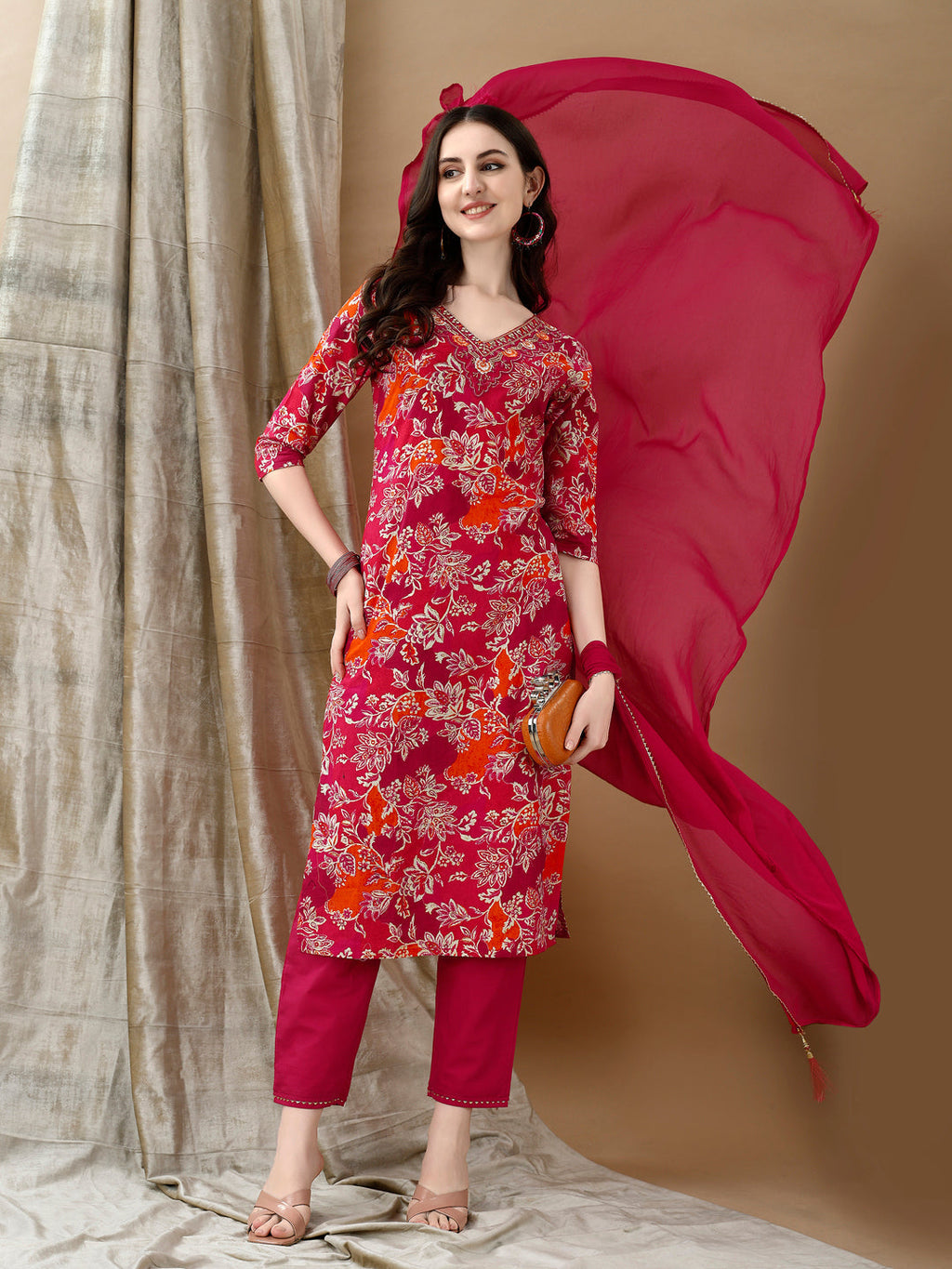 Rani Floral Embroidered Cotton Kurta Set with Matching Dupatta