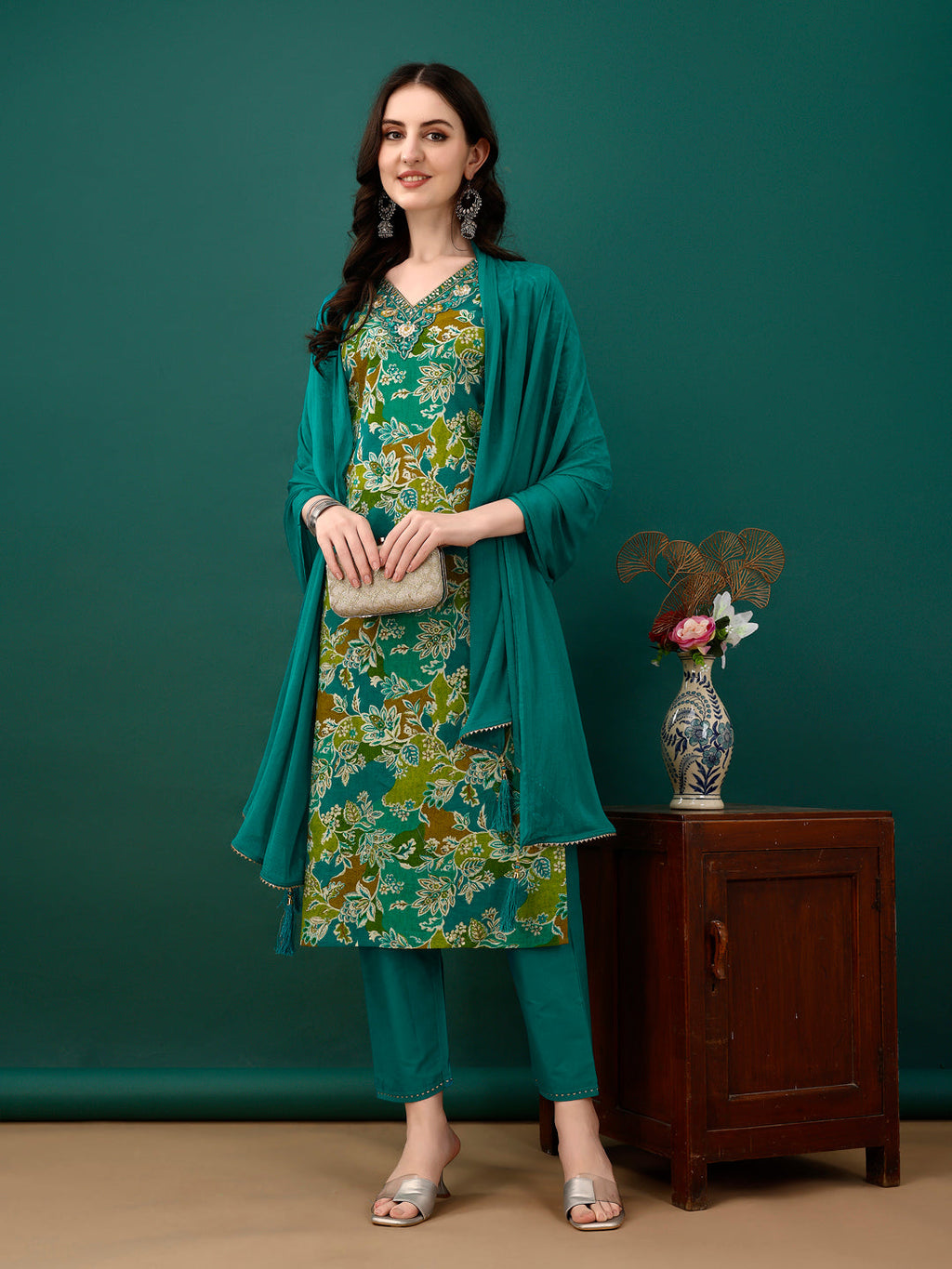 Teal Embroidered & Floral Printed Kurta Set with Pant and Dupatta