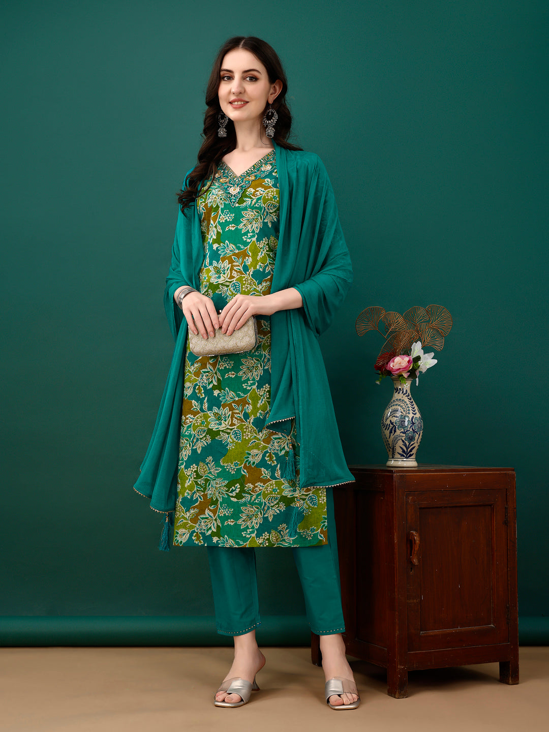 Teal Embroidered & Floral Printed Kurta Set with Pant and Dupatta