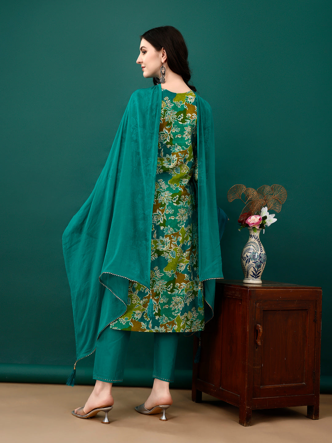 Teal Embroidered & Floral Printed Kurta Set with Pant and Dupatta