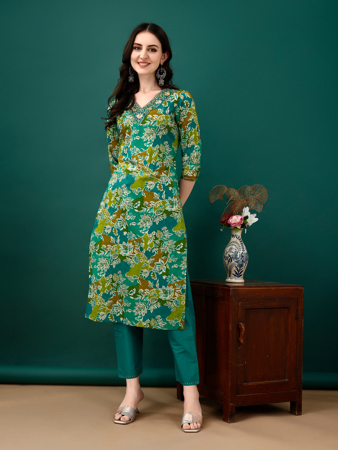 Teal Embroidered & Floral Printed Kurta Set with Pant and Dupatta