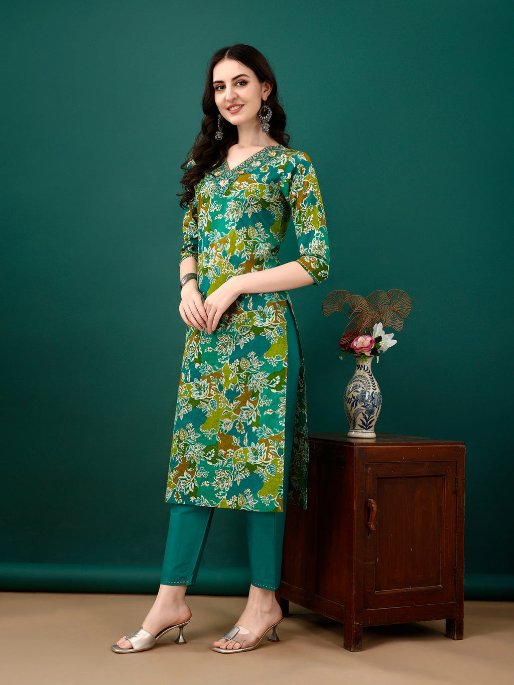 Teal Embroidered & Floral Printed Kurta Set with Pant and Dupatta
