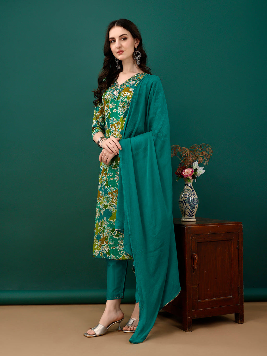 Teal Embroidered & Floral Printed Kurta Set with Pant and Dupatta