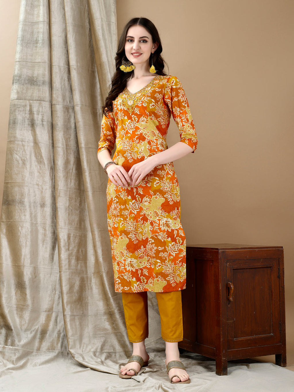Yellow Floral Embroidered Kurta Set with Pant and Dupatta
