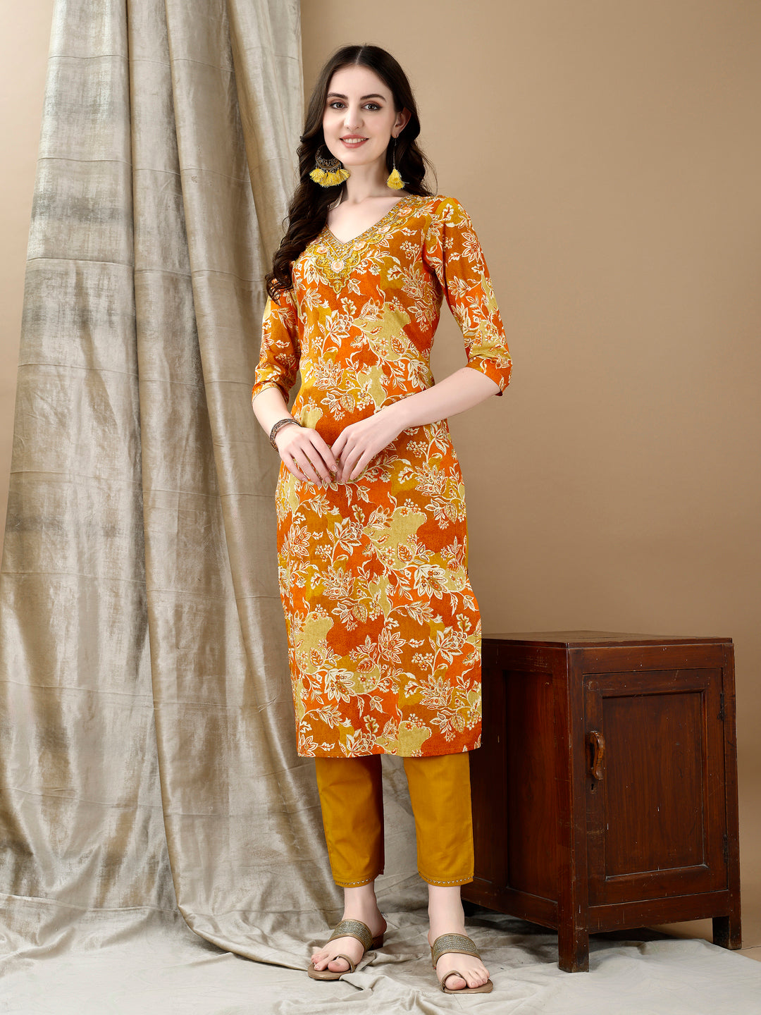 Yellow Floral Embroidered Kurta Set with Pant and Dupatta