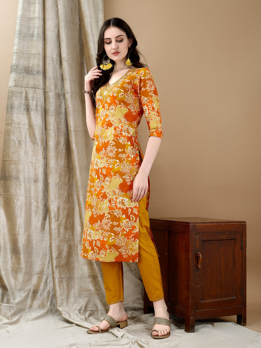 Yellow Floral Embroidered Kurta Set with Pant and Dupatta
