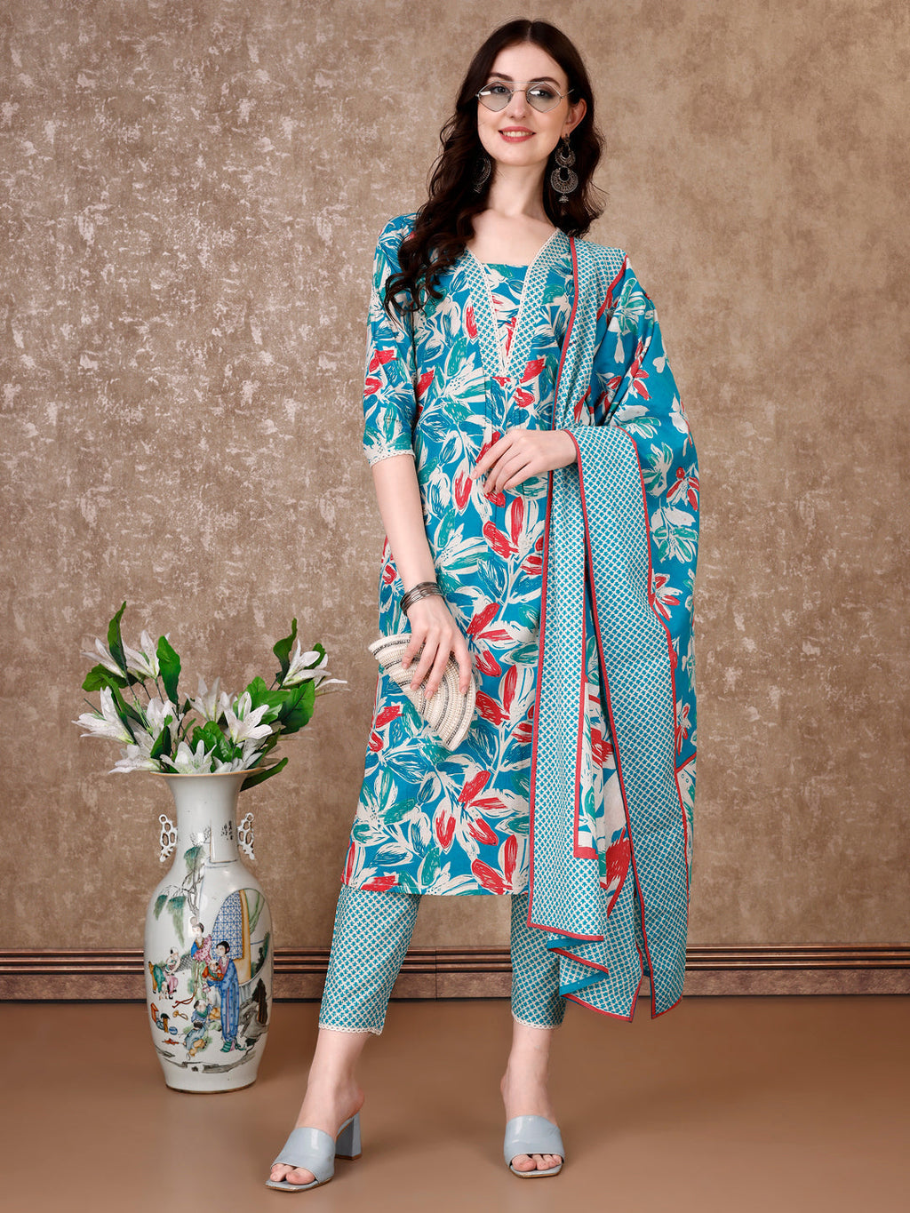 Blue floral print cotton kurta with matching pants and dupatta set