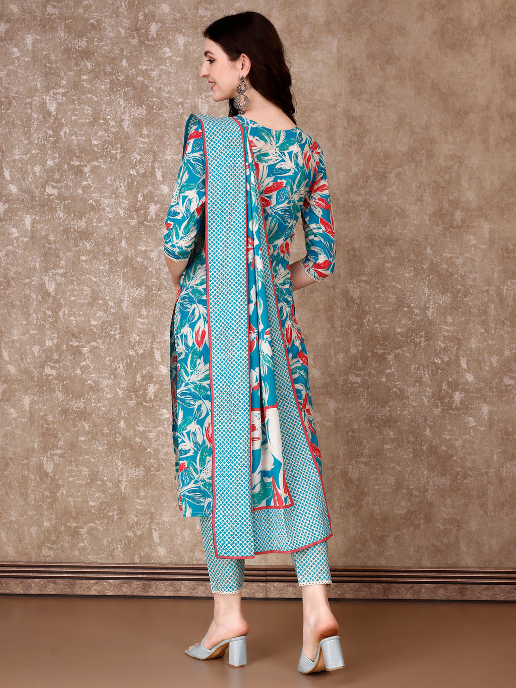 Blue Floral Print Cotton Kurta Set with Pant and Dupatta