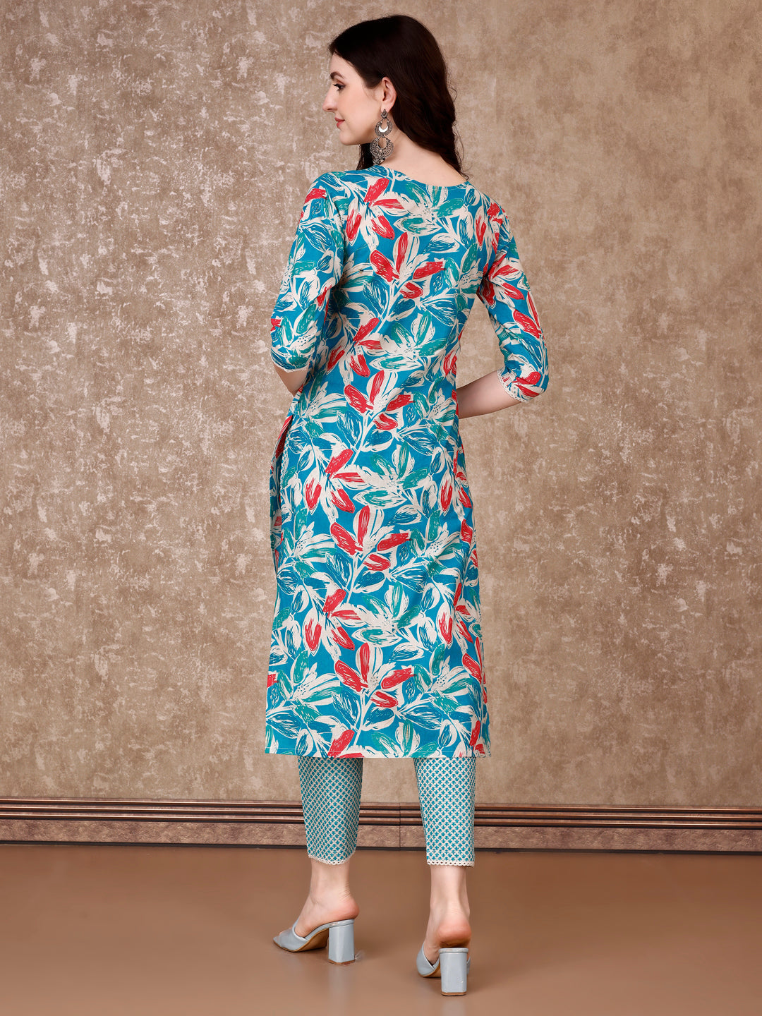 Blue Floral Print Cotton Kurta Set with Pant and Dupatta