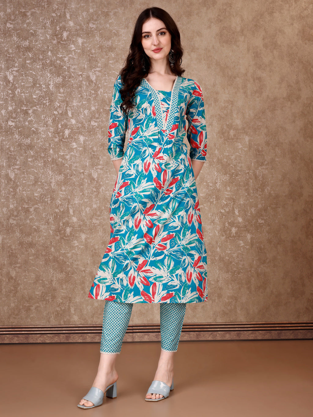 Blue Floral Print Cotton Kurta Set with Pant and Dupatta