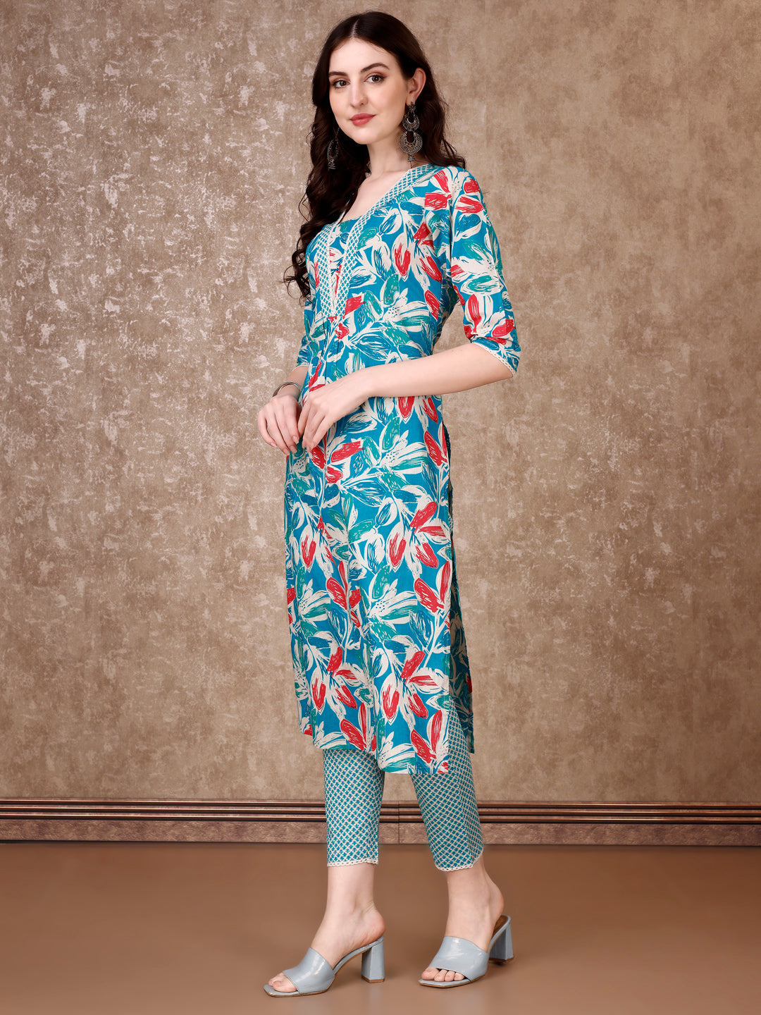 Blue Floral Print Cotton Kurta Set with Pant and Dupatta