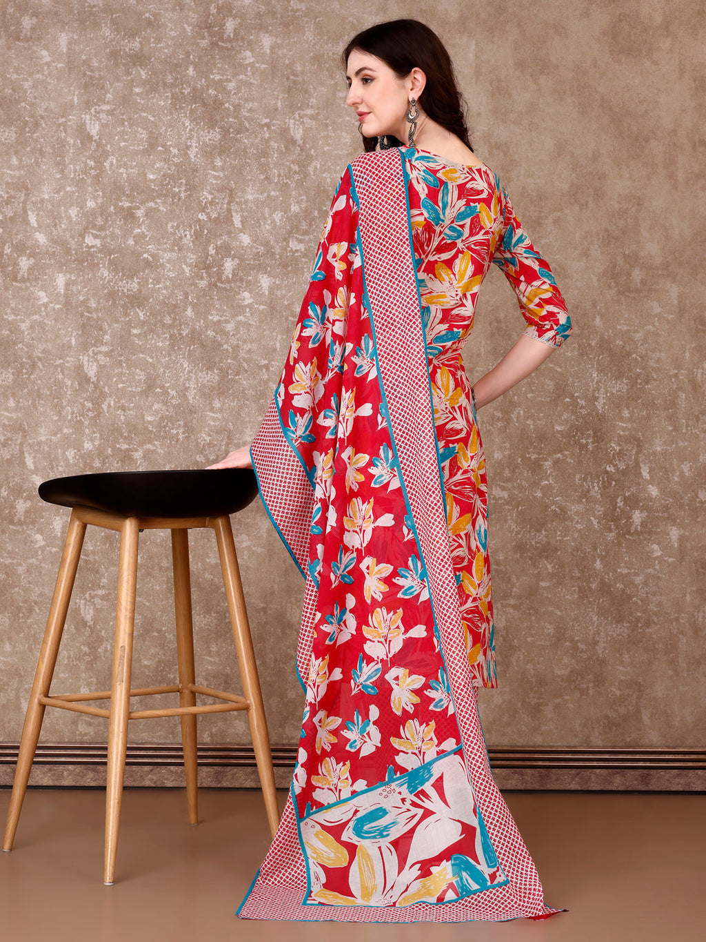 Pink Floral Cotton Kurta Set with Pant and Dupatta for Women