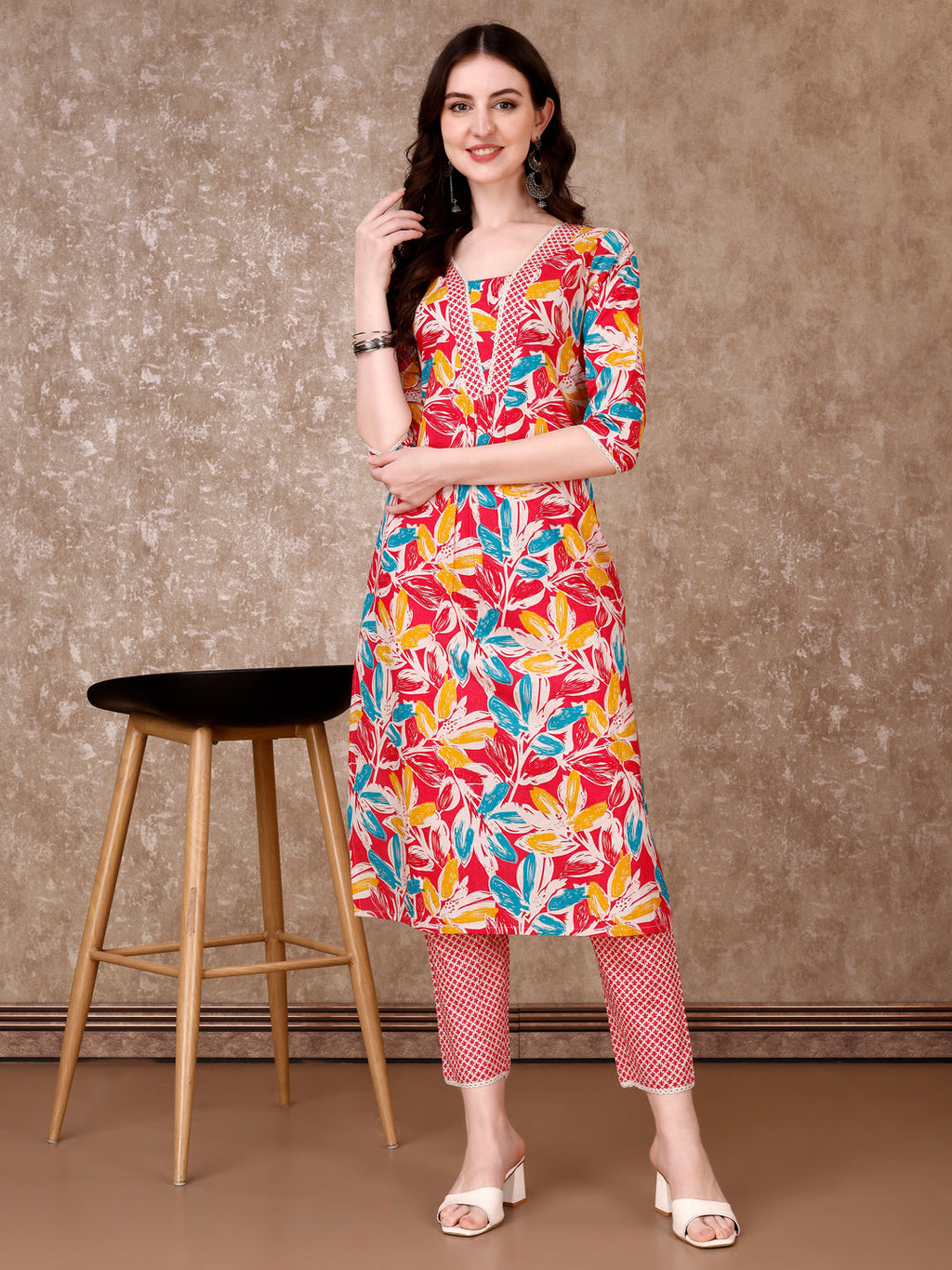 Pink Floral Cotton Kurta Set with Pant and Dupatta for Women
