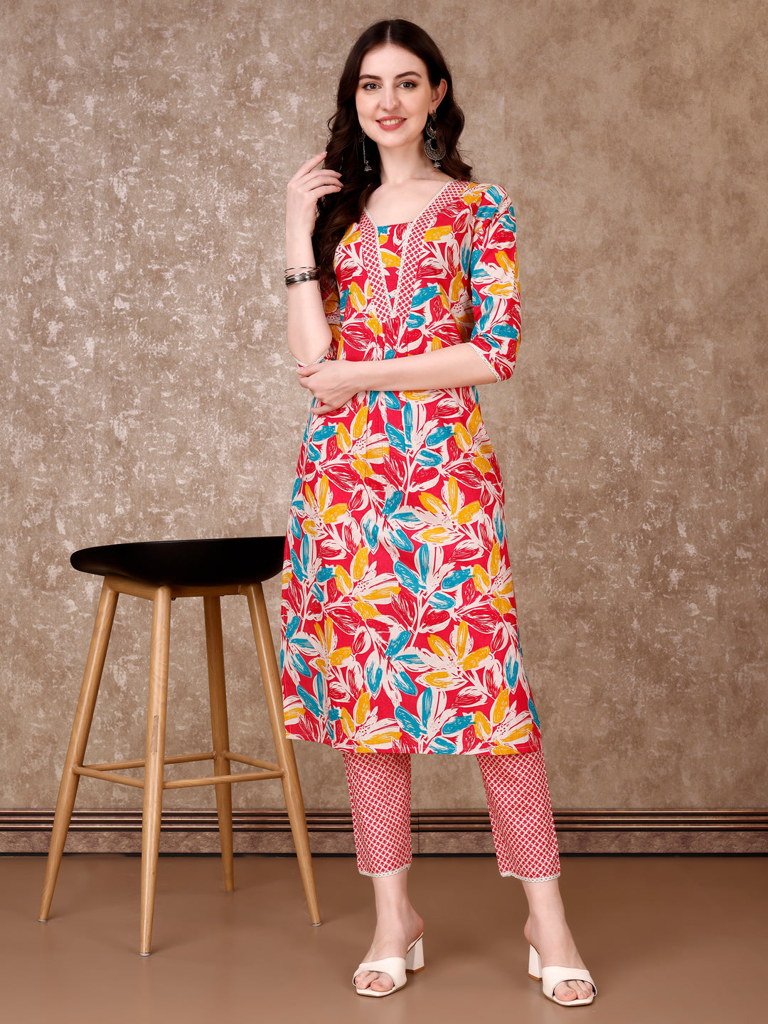 Pink Floral Cotton Kurta Set with Pant and Dupatta for Women