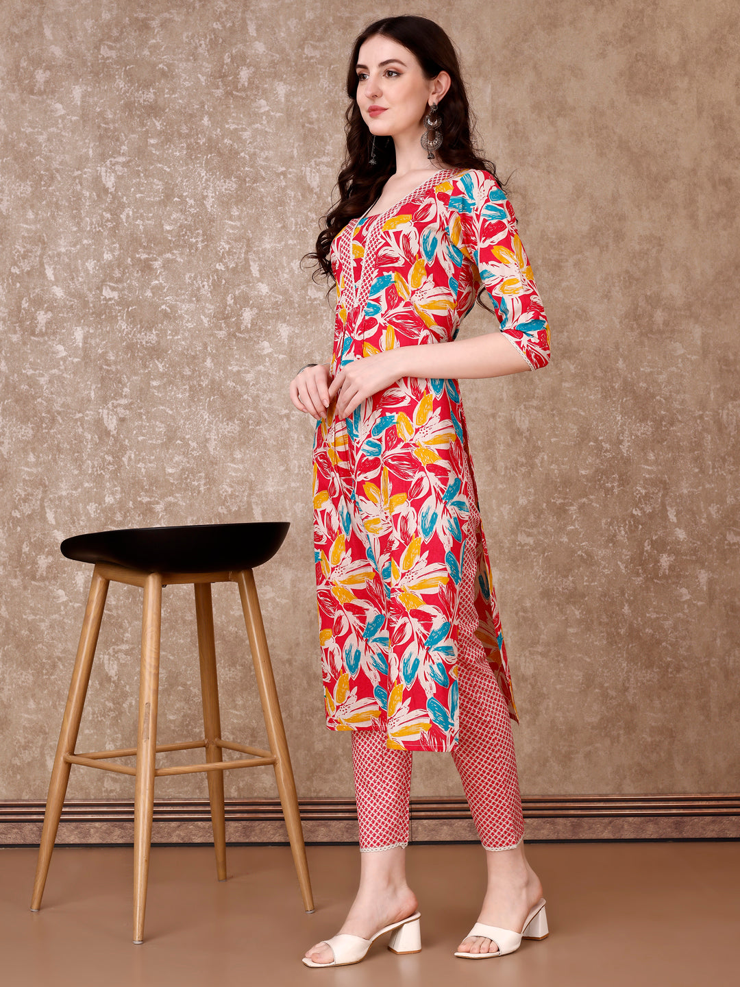 Pink Floral Cotton Kurta Set with Pant and Dupatta for Women