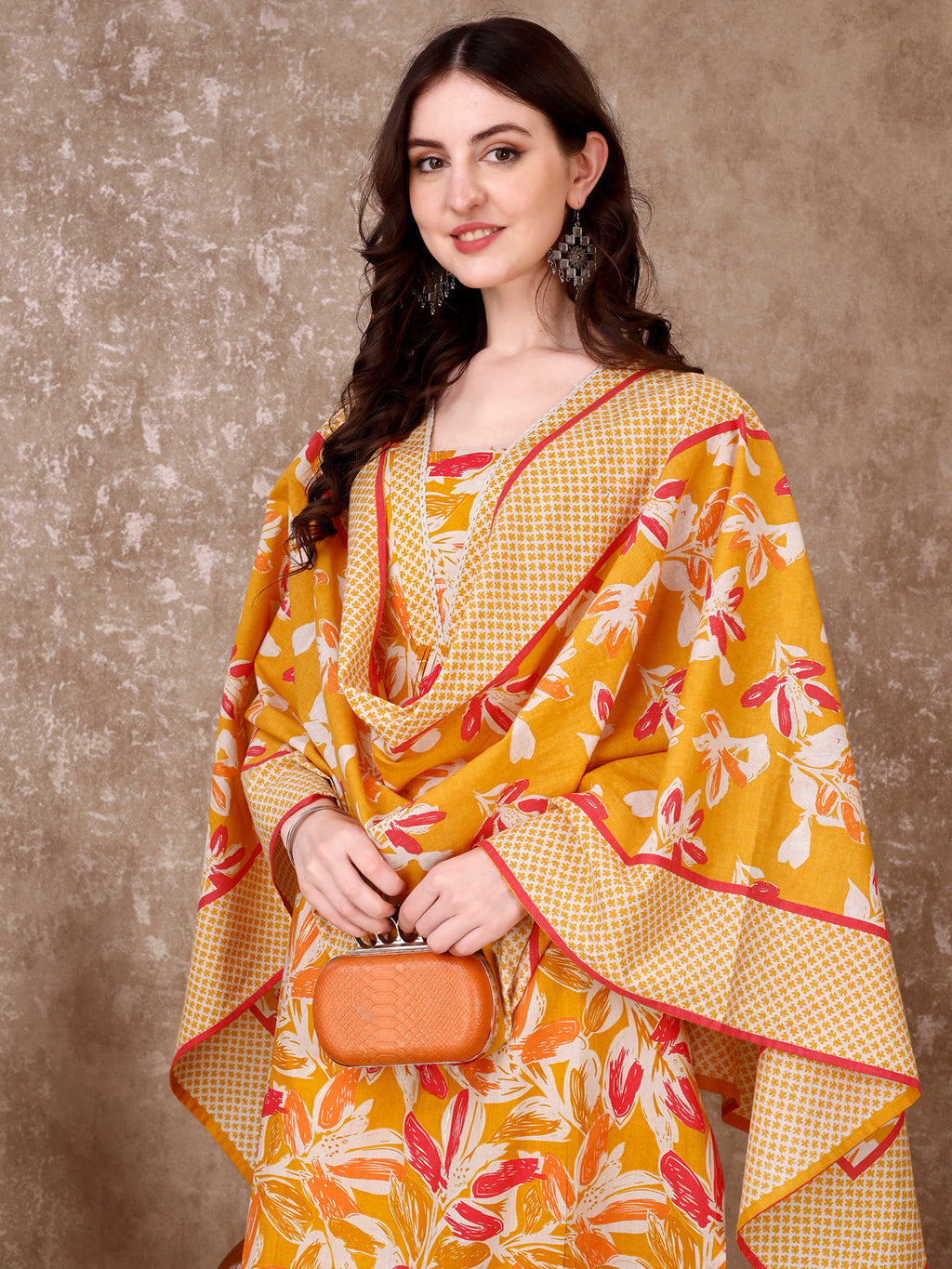 Yellow floral printed cotton kurta with matching pant and dupatta set