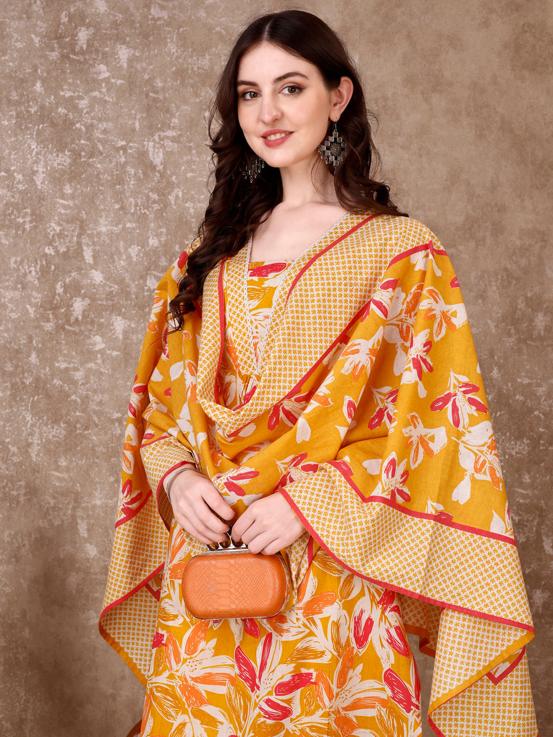 Yellow floral printed cotton kurta with matching pant and dupatta set