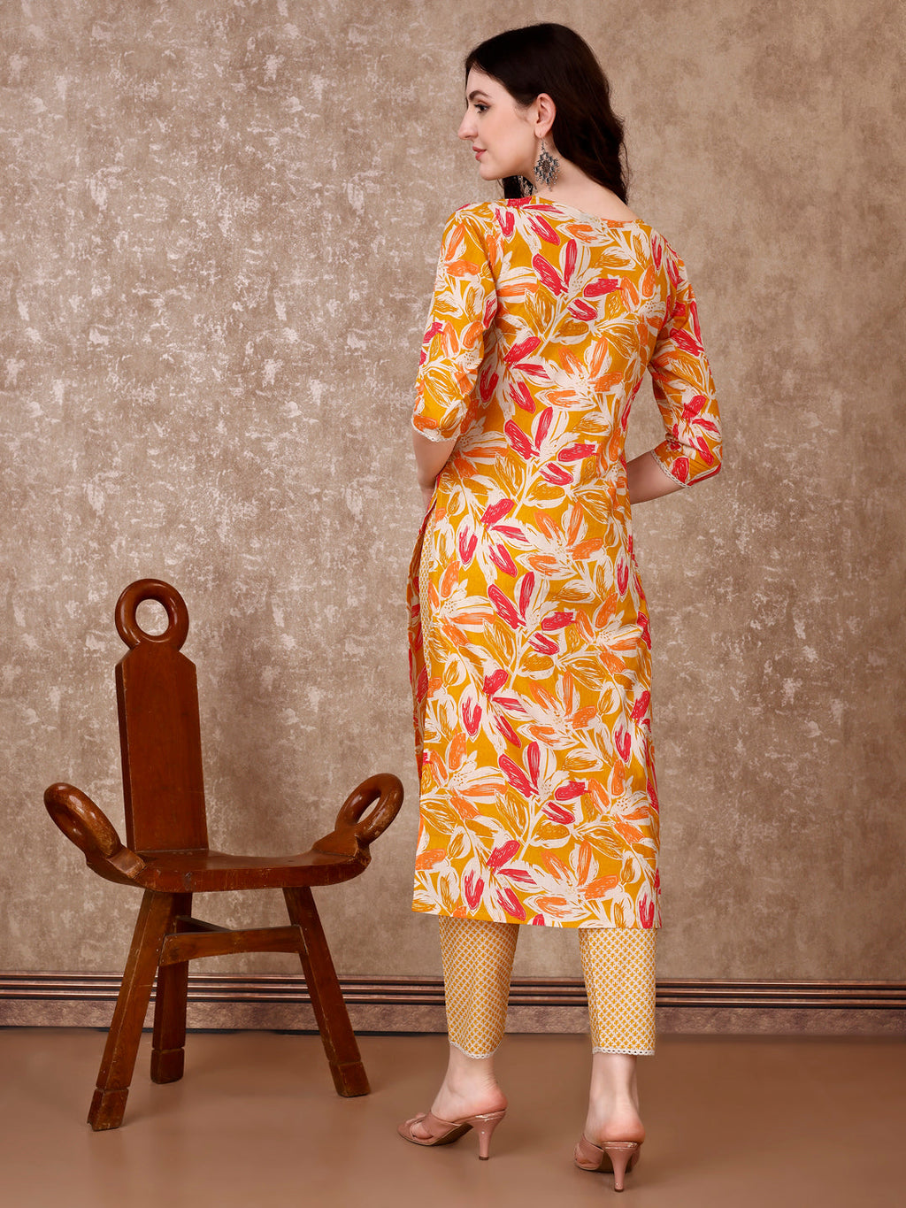 Yellow Floral Printed Cotton Kurta Set with Pant and Dupatta