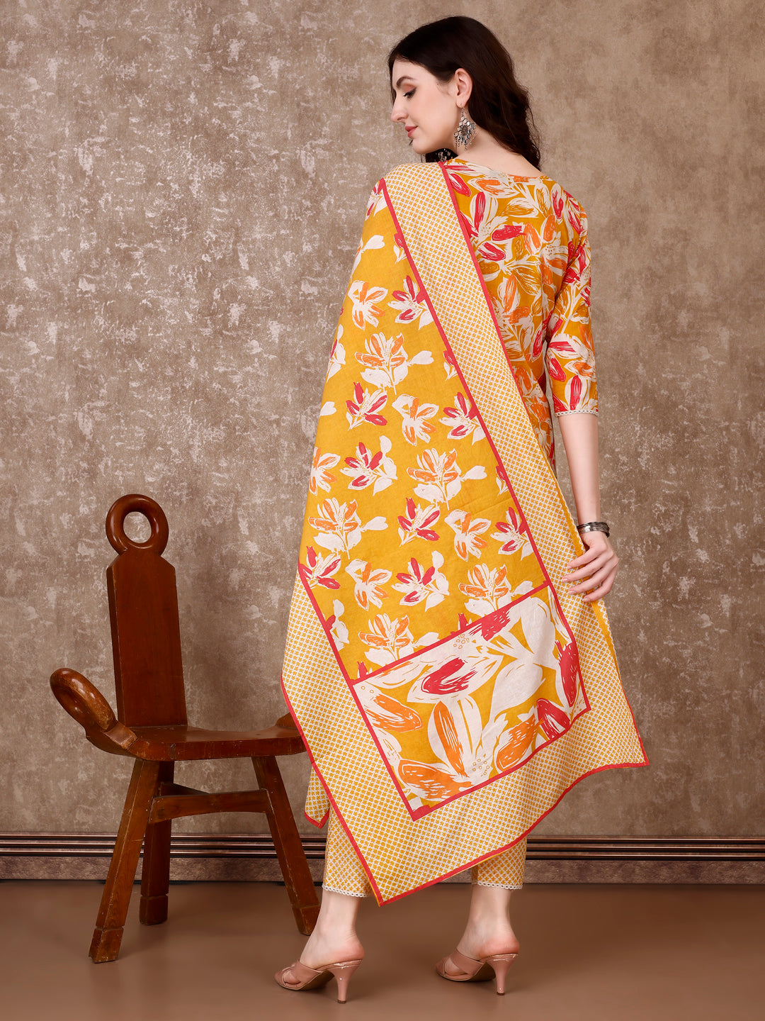 Yellow Floral Printed Cotton Kurta Set with Pant and Dupatta