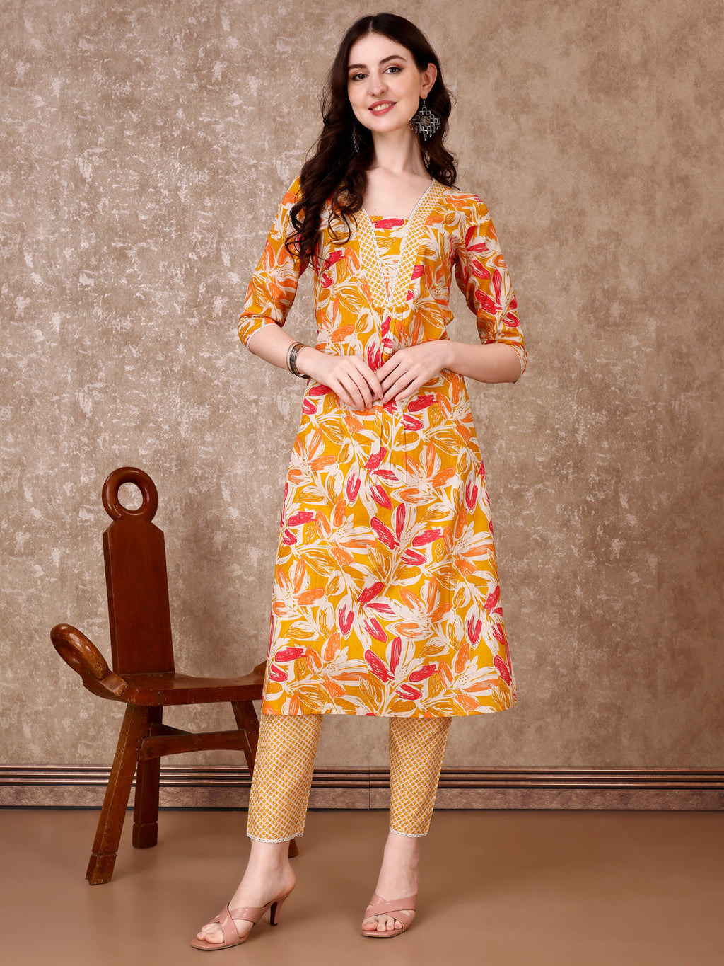 Yellow Floral Printed Cotton Kurta Set with Pant and Dupatta