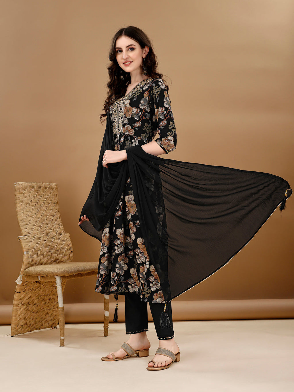 Black Alia cut floral printed and embroidered kurta set with matching pants and dupatta.