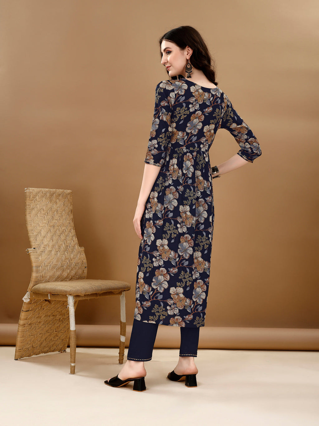 Alia Cut Floral Printed & Embroidered Kurta Suit Set, Navy Blue