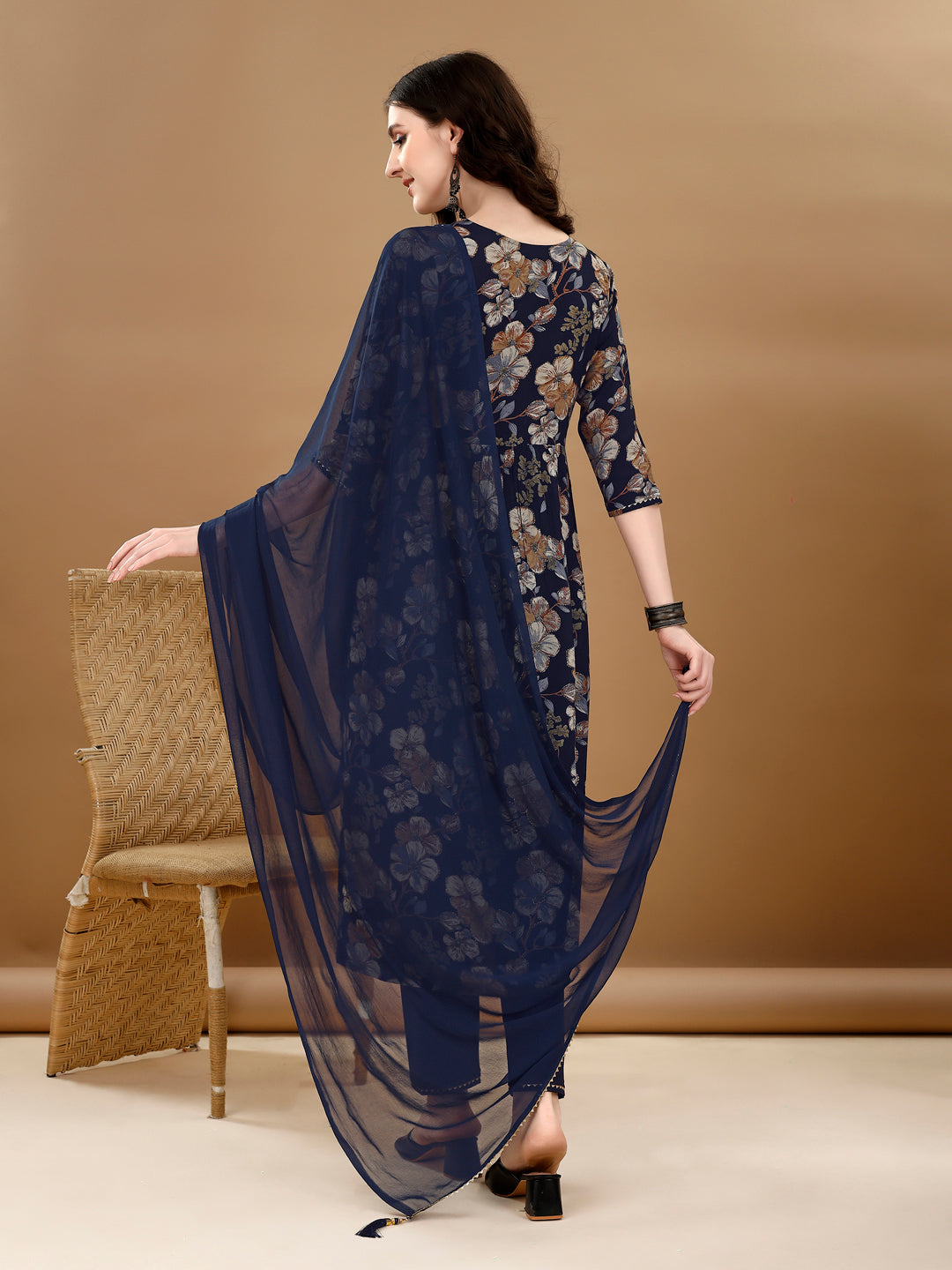 Alia Cut Floral Printed & Embroidered Kurta Suit Set, Navy Blue