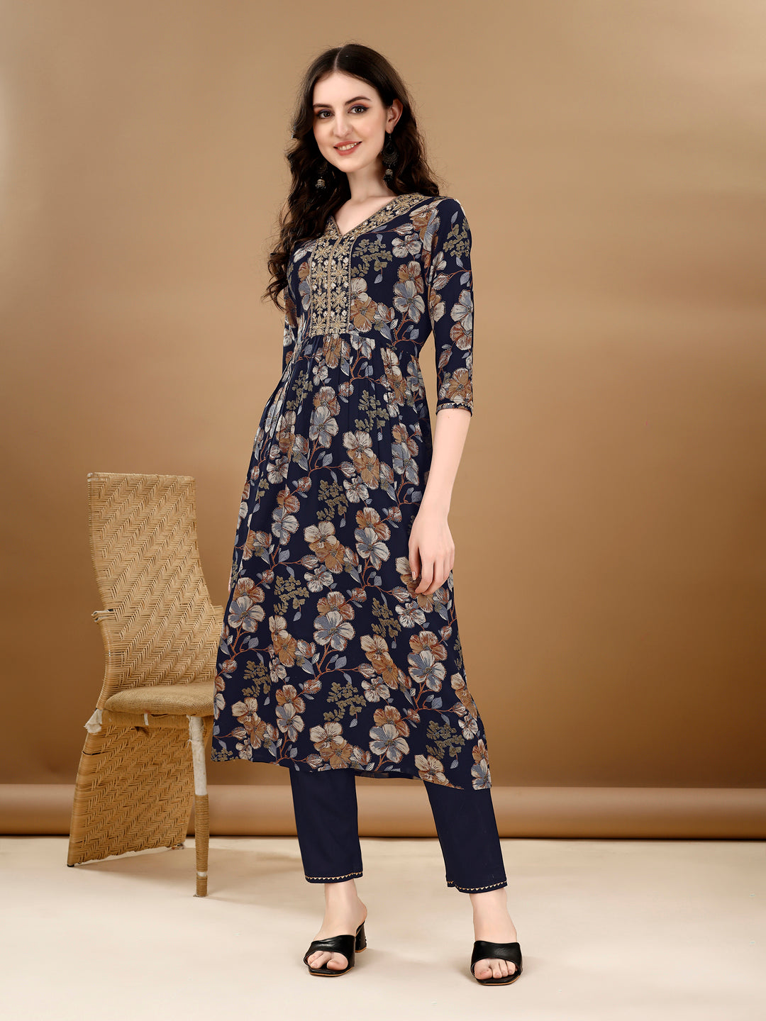 Alia Cut Floral Printed & Embroidered Kurta Suit Set, Navy Blue