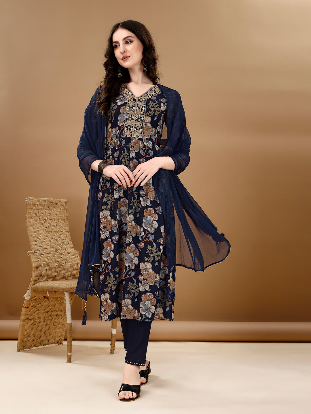 Navy Blue Alia Cut Kurta Suit Set with floral embroidery, featuring 3/4th sleeves and V-neck.