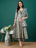 Navy blue cotton Anarkali kurta with floral print featuring matching pants and a dupatta.