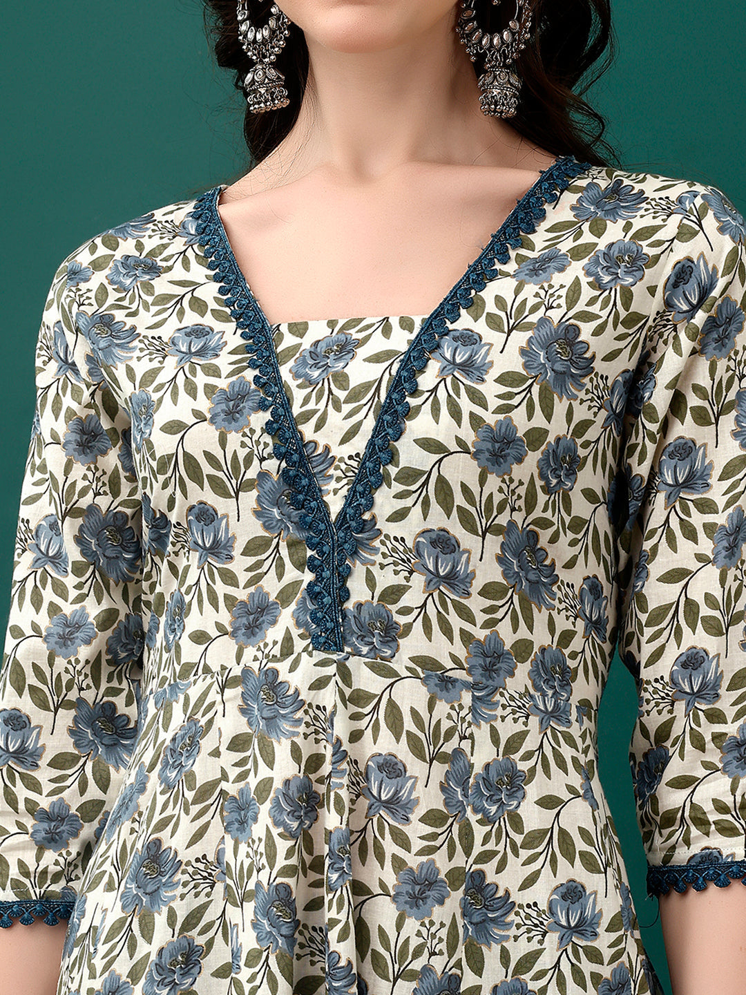 Navy Blue Floral Printed Anarkali Kurta Set with Pant and Dupatta